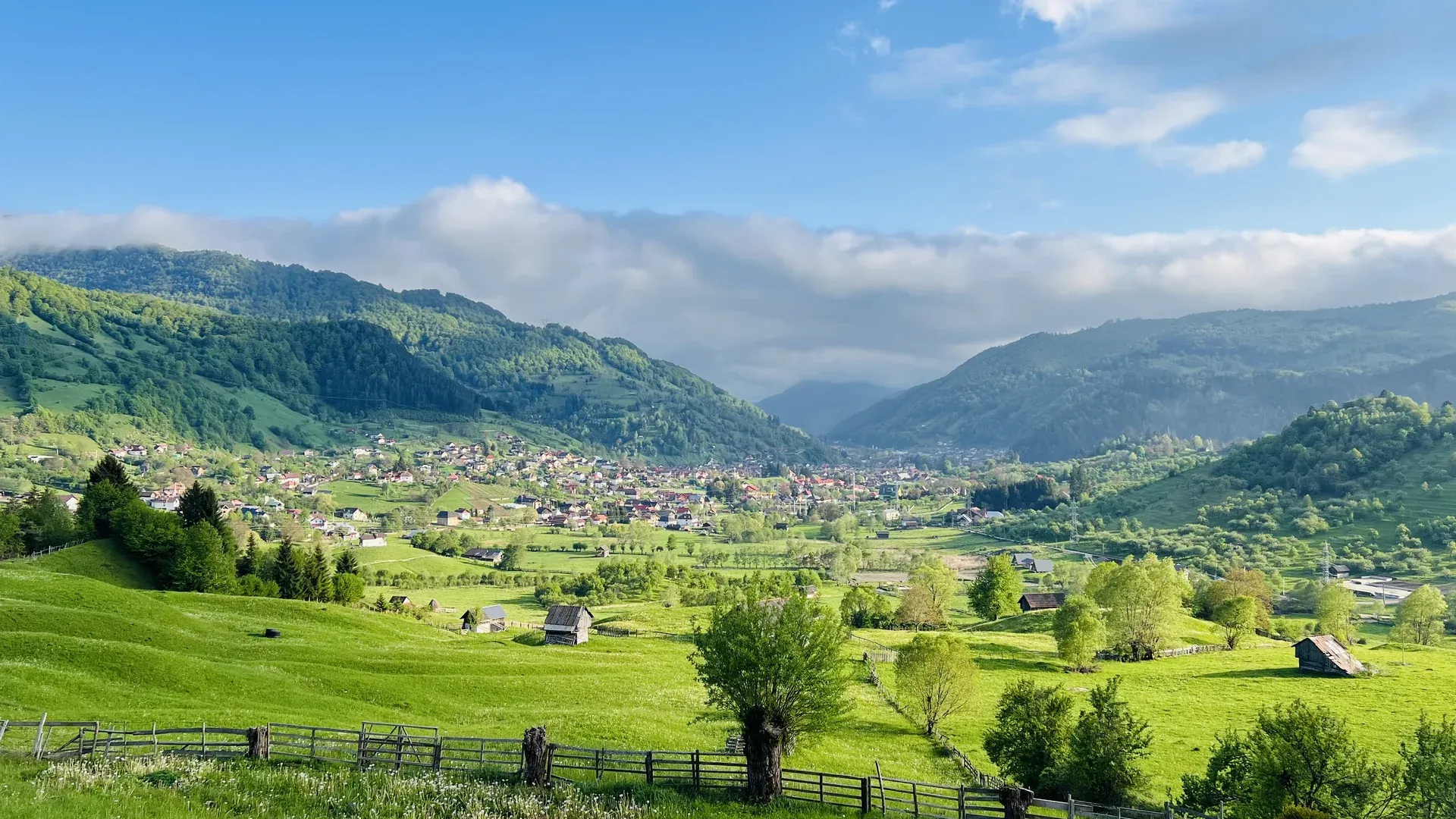Spring: green meadows, willows and the village below, with the mountains behind