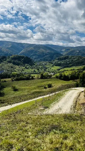 A gravel road running down through the meadows, with mountains in the distance